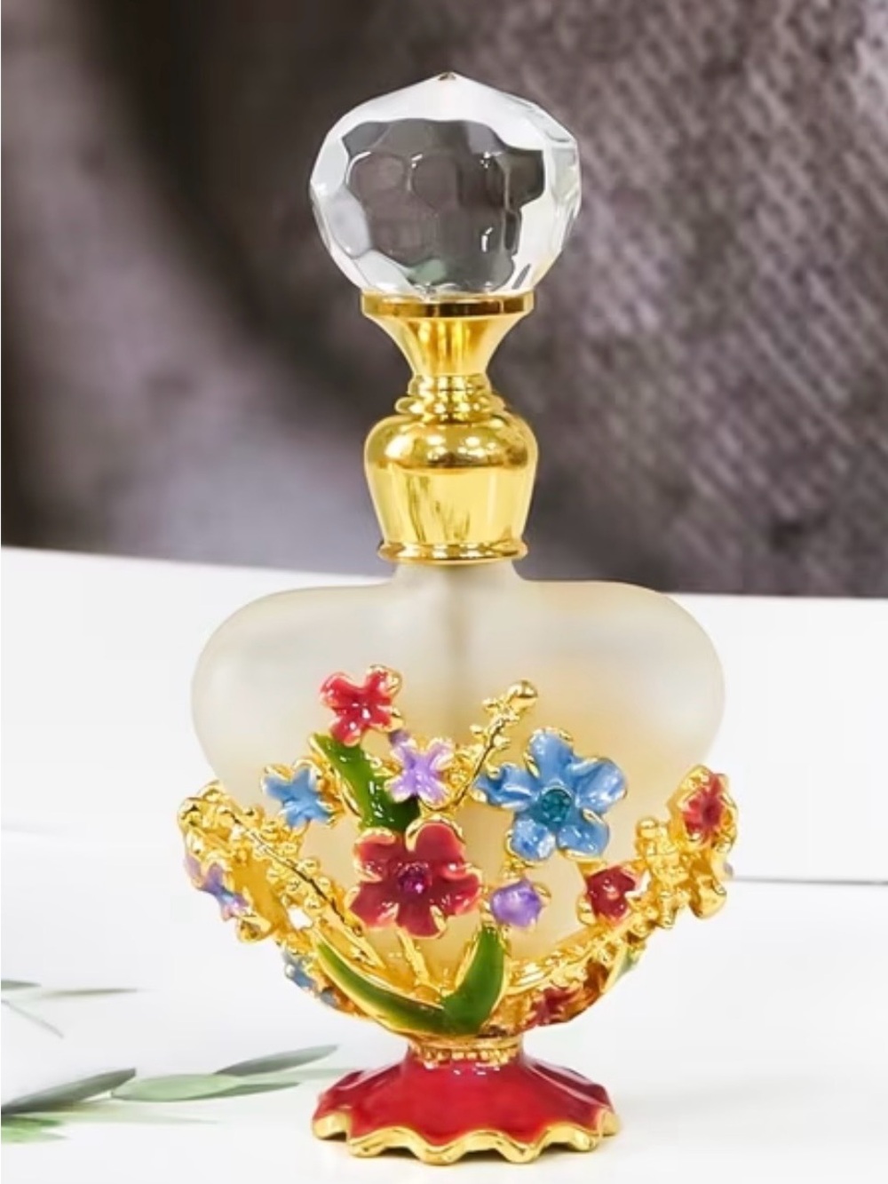 New Miniature Frosted Glass Floral Decorative Perfume Bottle with Gold Accent